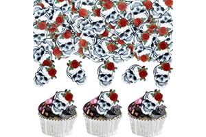Ercadio 40Pcs Edible Wafer Paper Halloween Skull Cupcake Toppers Edible Skull Cake Picks Halloween Horror Skull Cupcake Decors for Halloween Theme Baby Shower Party Cake Decoration Supplies