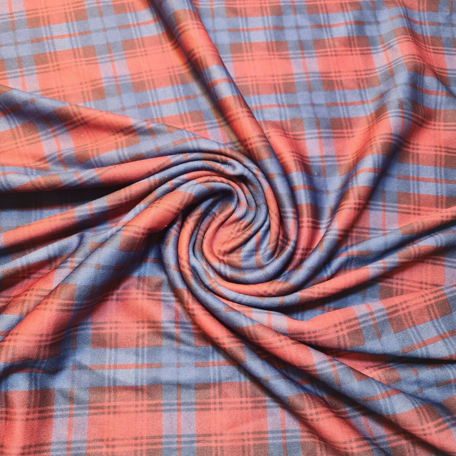 Tartan Checks Xmas Print Crepe ITY Jersey Fabric Dress Craft Stretch 58" Meter (Blue & Red ITY)