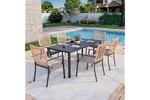 Kingdura 7 Piece Patio Dining Sets, Outdoor Furniture Set of 6 Ratten Wicker Chairs with Cushions and Dining Table with Umbrella Hole, All-Weather Outdoor Furniture Conversation Set for Backyard