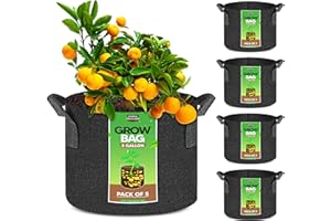 Utopia Home 5 Pack 5 Gallon Grow Bags, 300G Thickened Nonwoven Plant Fabric Pots for Outdoor, Grow Pots, Garden Plant Bags, Aeration Fabric Planters for Fruits, Vegetables and Flowers