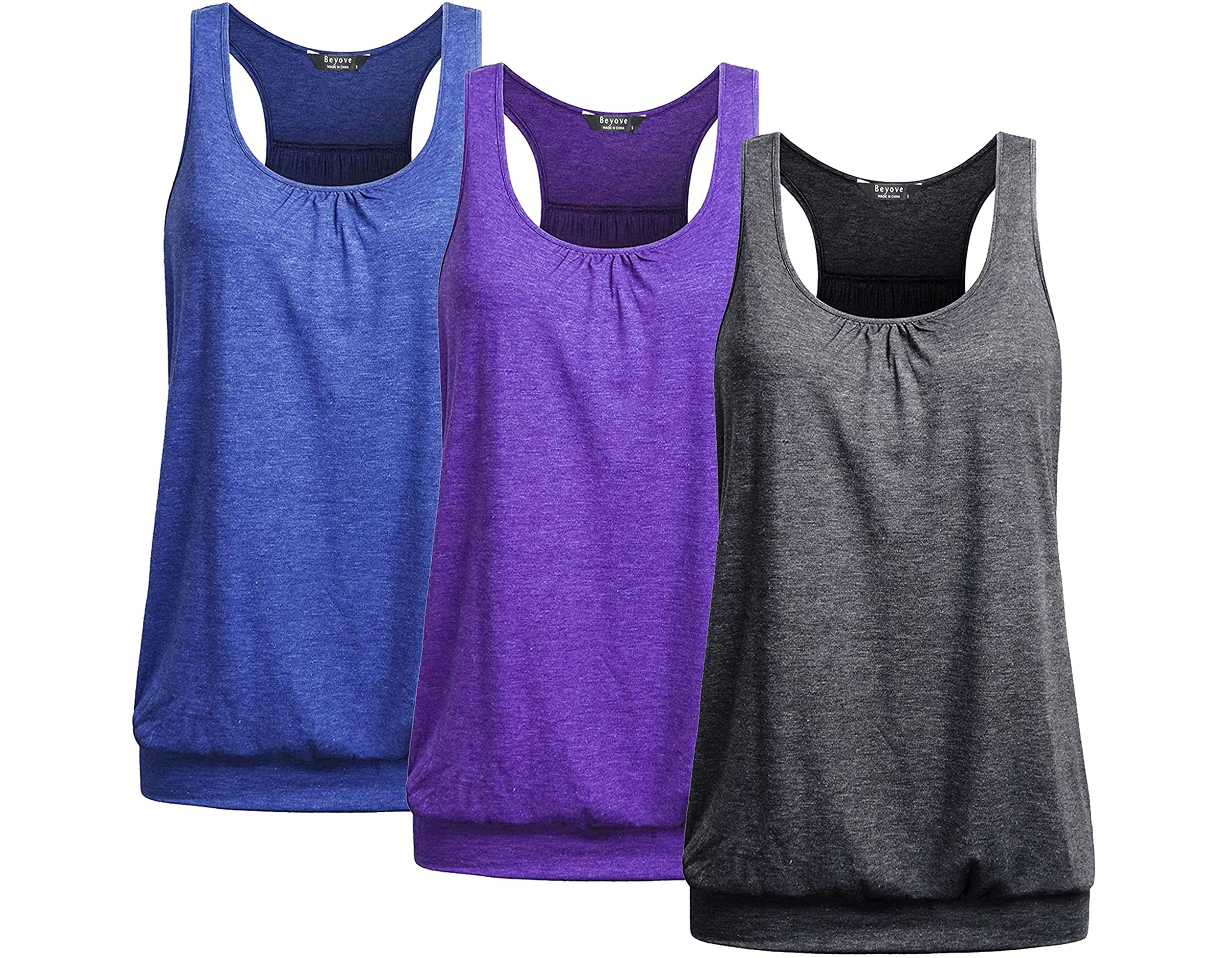 Beyove Women's 3 Pack Workout Tank Tops Banded Bottom Plus Size Breathable Yoga Shirts Tummy Hiding Athletic Tops, Blue + Purple + Dark Grey Image