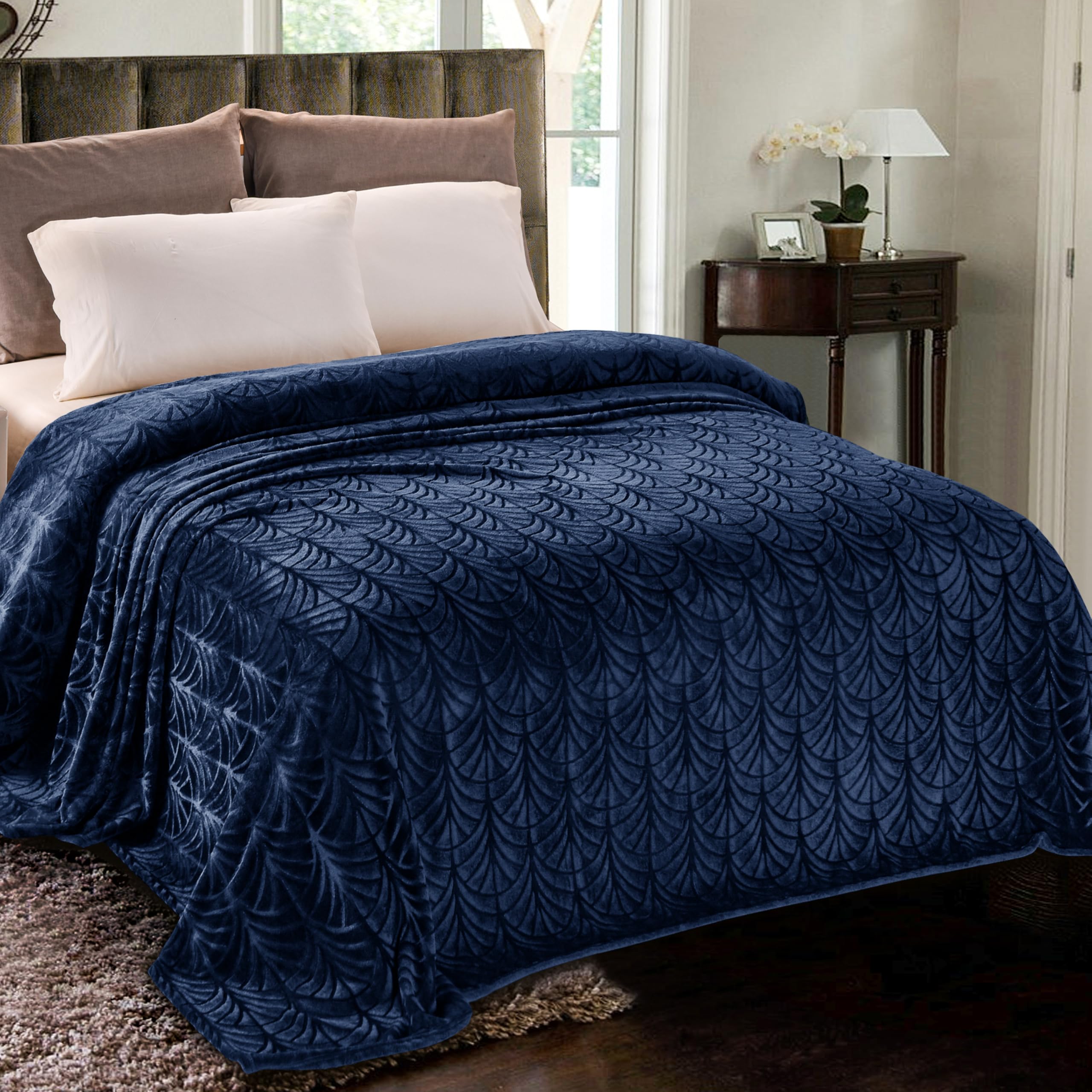Whale Flotilla Flannel Fleece King Size Blanket for Bed, 230x264 CM Soft Fluffy Velvet Bed Blanket with Decorative Vintage Pattern for All Season, Warm and Lightweight, Navy Blue
