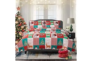 Jarson Christmas Quilt Set Full/Queen Size 3-Piece Xmas Bedspread Reversible Coverlet Bell Design for New Year Bed Decor, Lightweight Bedding Cover for All Season(1 Quilt + 2 Pillow Shams, Beige Red)