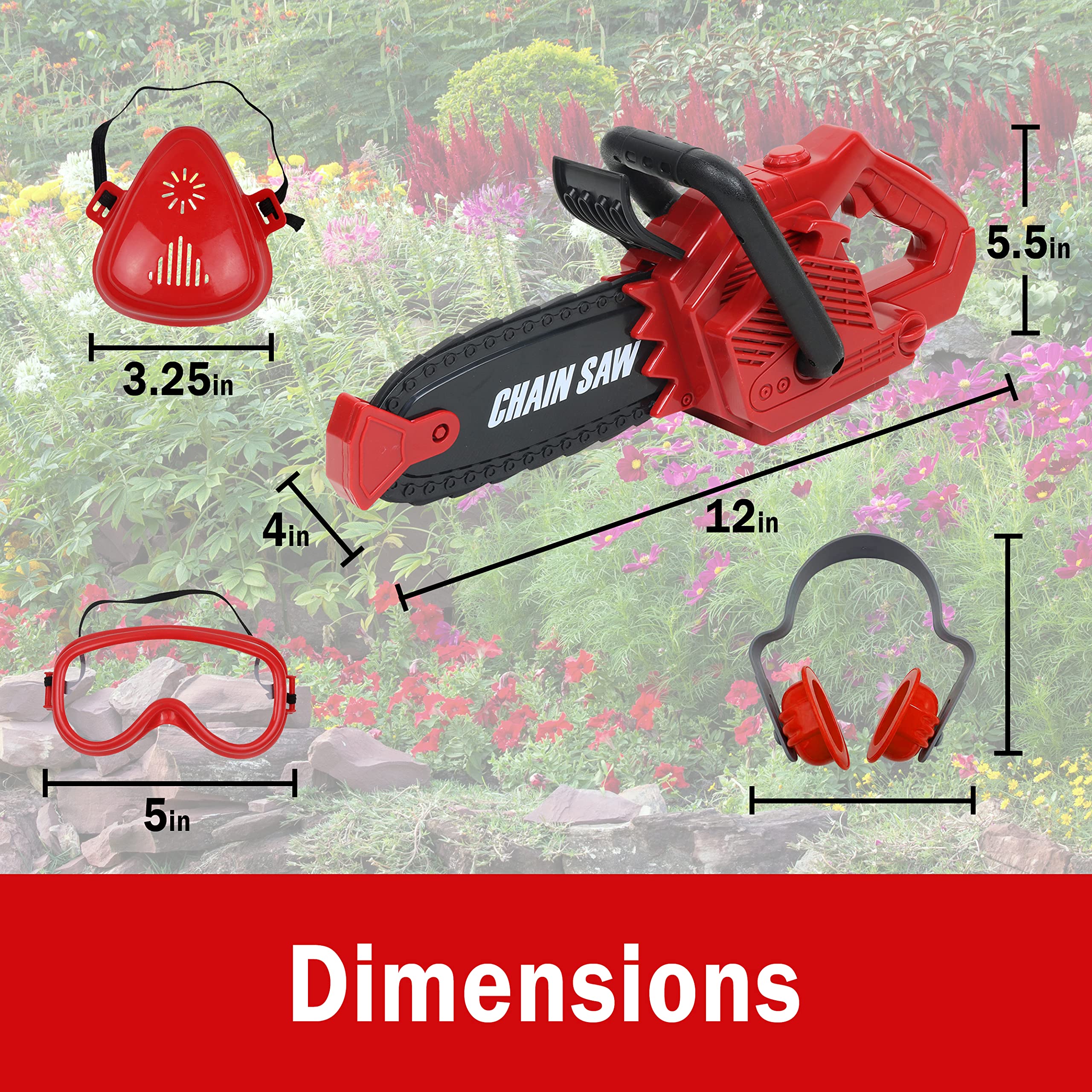 Kids Toy Chainsaw with Sound | Toddler Landscaping Gardening Tools and Equipment | Includes Safety Goggles Mask and Earmuffs