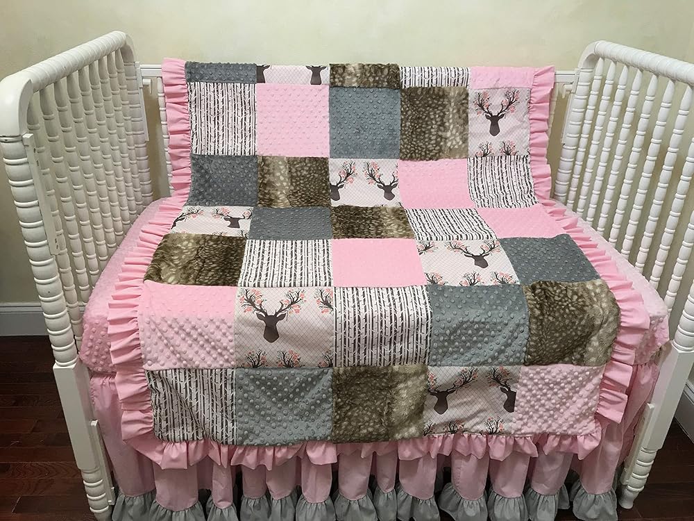 Toddler/Crib Size Blanket, Woodland Nursery Patchwork Baby Blanket in Pink and Gray