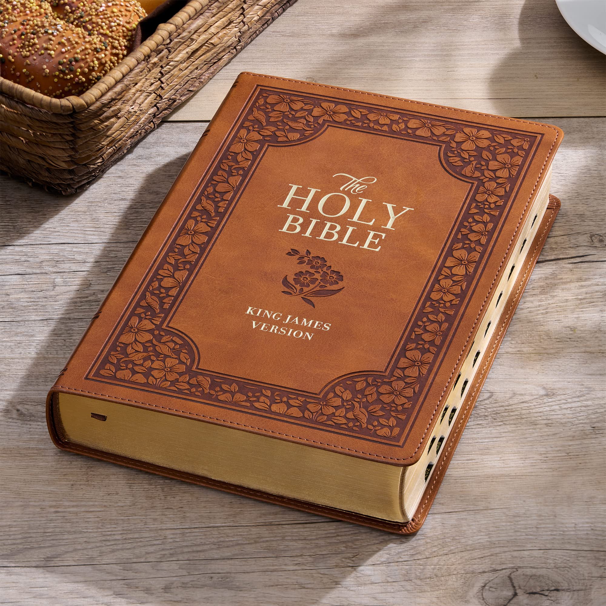 KJV Holy Bible, Giant Print Full-size Faux Leather Red Letter Edition - Thumb Index & Ribbon Marker, King James Version, Saddle Tan Floral (KJV Giant Print Full Size Bible)