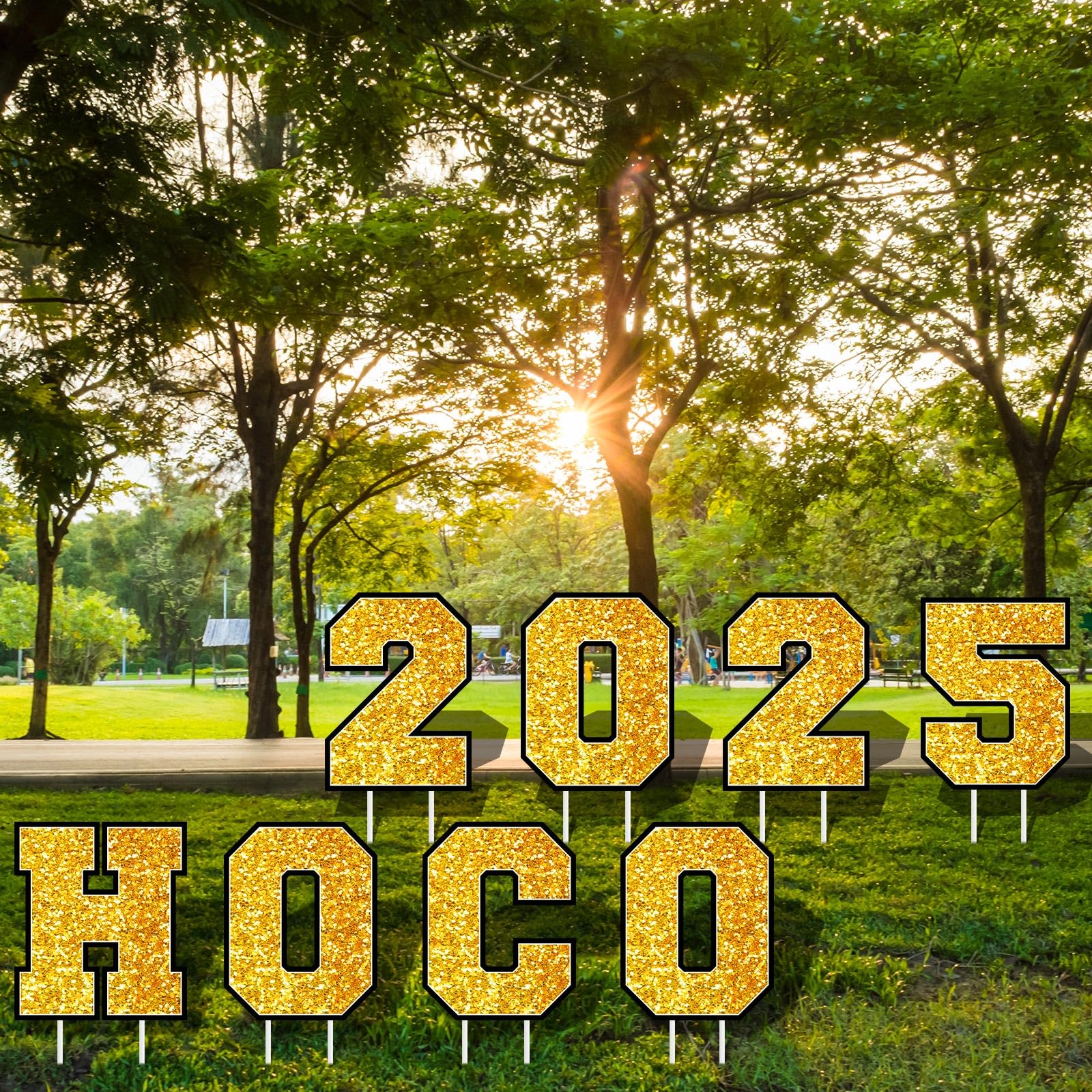 Photo 1 of Colingmill 8 Pcs Hoco 2025 Yard Signs Outdoor Homecoming Yard Signs with Stakes Hoco Party Decorations Waterproof Lawn Decor for Homecoming Outdoor School Lawn Party Decor Supplies (Gold)