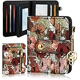 Bistup Wallet for Women Cute Small Card Wallet Genuine Leather Rfid with Keychain for Ladies Teen Girls Female Girly Aesthetic Flower Kawaii Unique Pretty Modern Bifold Credit Card Holder
