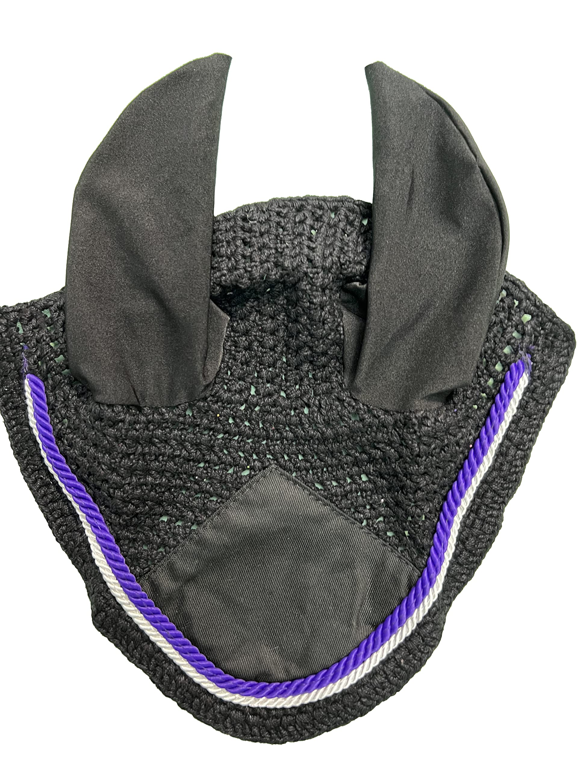 Spire Horse Soft Crochet Fly Veil Breathable Cotton Ear Net Hood Horse fly Control Masks Protector Bonnets (Cob, Black/Purple-White)