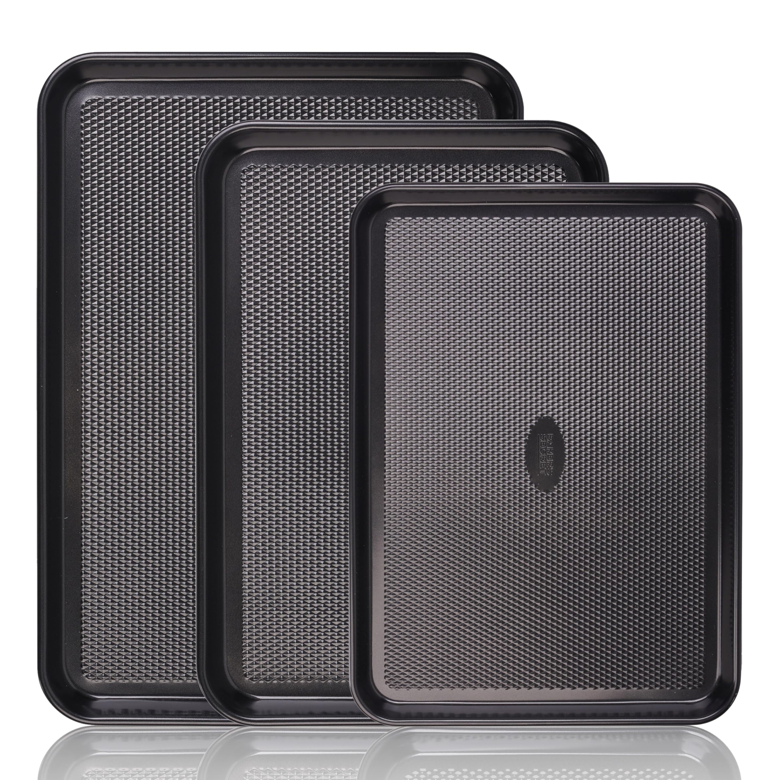 Photo 1 of **DAMAGED LARGE PAN-SEE PICS***Baker's Secret Baking Sheet Pan Set, 3x Cookie Sheets for Oven, Diamond Texture Premium Air Flow Circulation, Set of 3 Baking Trays, Extra Thick 0.6mm with Diamond Base PFOA, PFOS, PTFE and PFAS free