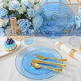 ISFANGCO 72Pcs Disposable Clear Blue Plastic Plates with Gold Rim, Fancy Blue Plates Includes 36 10.25" Dinner and 36 7.5" Dessert Plates, Hammered Heavy Duty Plastic Plate for Wedding Party