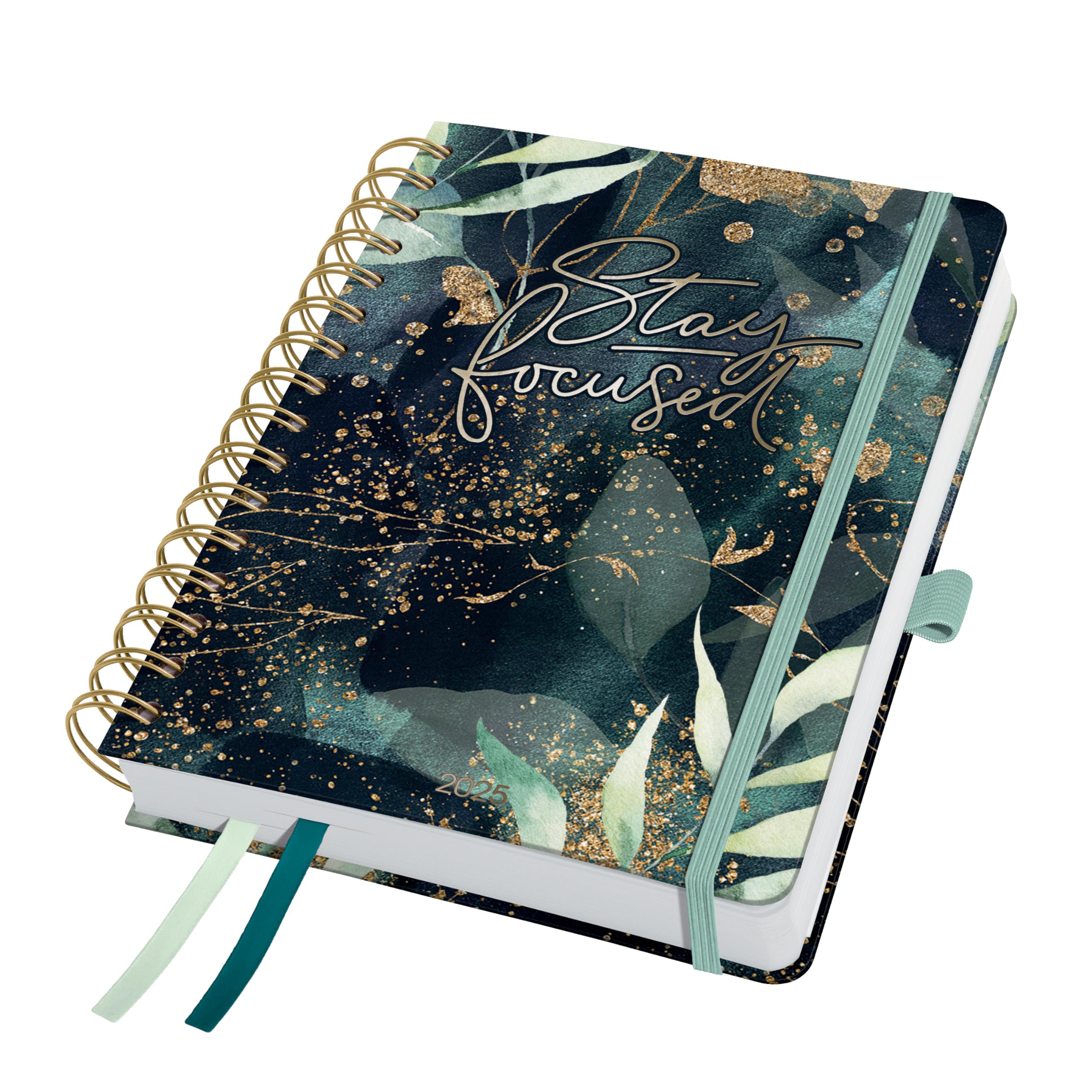 SIGEL J5603 Jolie Spiral Diary 2025, Glamorous Leaves, 120 GSM, 16,8 x 21,5 cm, hardcover, 240 Pages, Black, Green, Gold — image 1