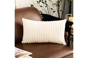 UGS UGASA UGASA Velvet 12x20 Inch Lumbar Throw Pillow Cover, Both Sides Corduroy Striped, Soft Solid Decorative Rectangular Cushion Case for Couch/Bedroom/Car, 1 Piece, Cream