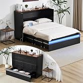 VINGLI Queen Size Murphy Bed with Storage Drawer,Smart LED Lighting,Built-in 2 Charging Stations, Space-Saving Cabinet Bedfor Kids,Adults &amp; Guests,Classic Black