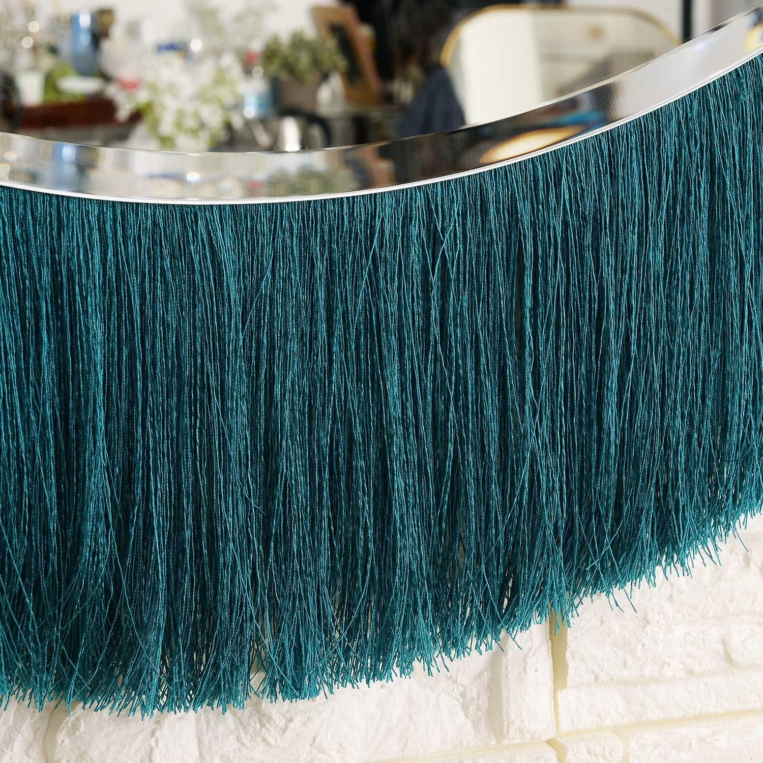 MOTINI 25.6"x 13.7" Beveled Decorative Mirror Contemporary Semi Circle Wall Mirrors with Blue Fringe for Wall Decor, Living Room, Entryways: Furniture & Decor