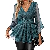 VALOLIA Womens Sparky Tops 3/4 Sleeve Glitter Sequin Shiny Dressy Blouses V Neck Party Evening Cocktail Shirts