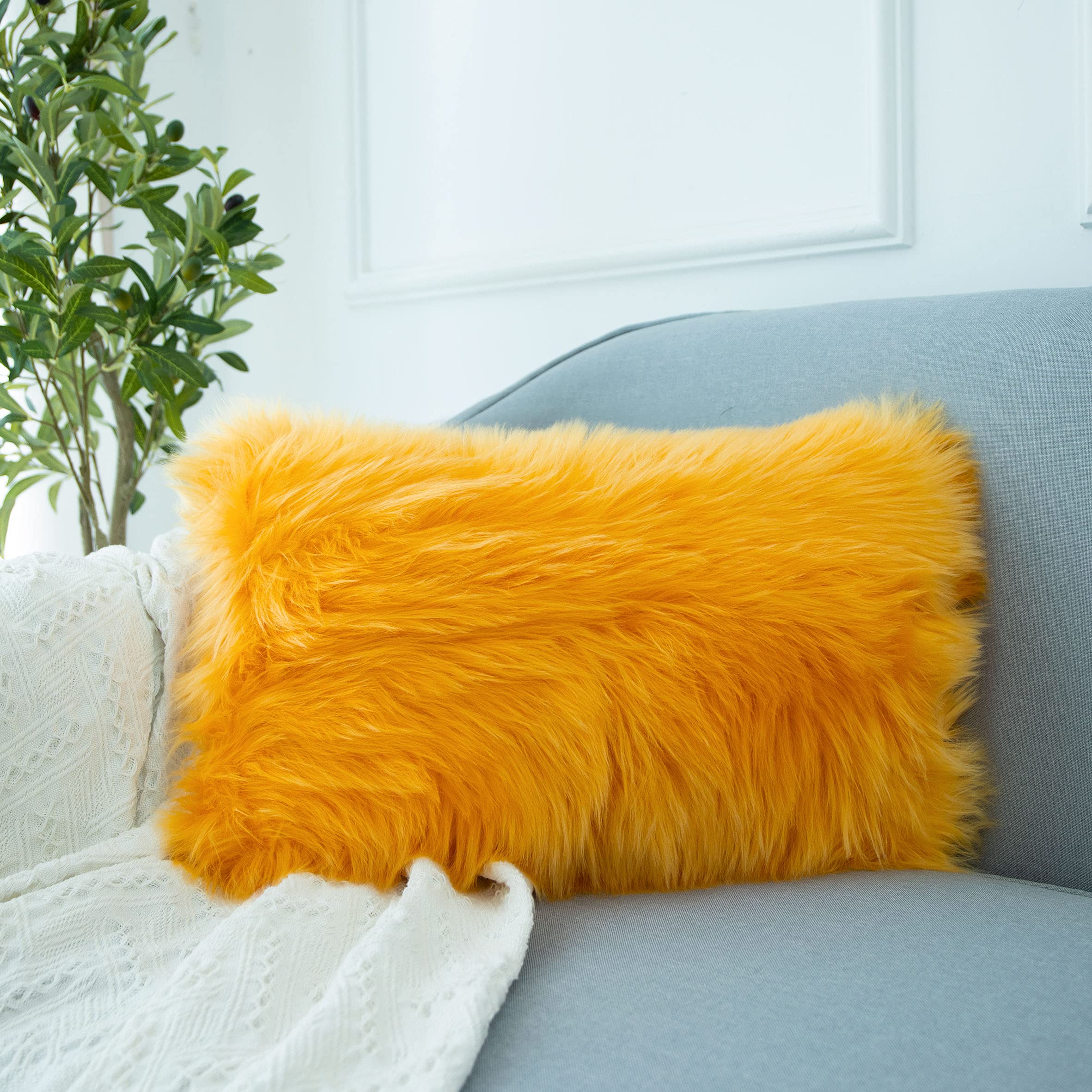 LIGICKY Luxury Series Soft Faux Fur Cushion Cover Decorative Square Plush Pillow Case Throw Pillow Cover for Couch Sofa Bed (Camel, 12 x 20 Inch)