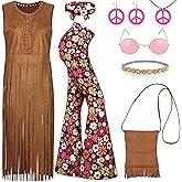 AOTHSO 8 Pcs 70s Women Hippie Costume Set Includes Fringe Vest Bag Pants Headband Necklace Earrings Sunglasses for Halloween