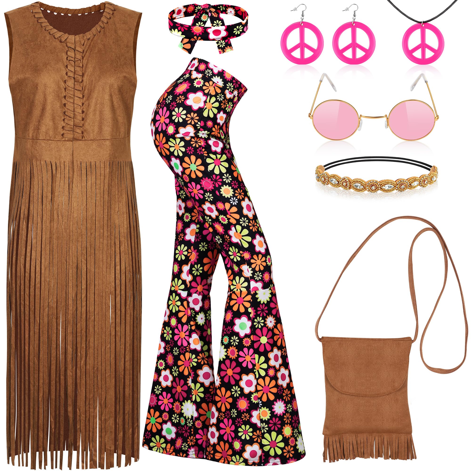 Photo 1 of AOTHSO 8 Pcs 70s Women Hippie Costume Set Includes Fringe Vest Bag Pants Headband Necklace Earrings Sunglasses for Halloween