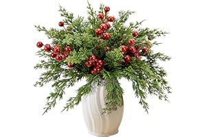 Watayo 45 Pcs Christmas Artificial Pine Branches with Red Berry Stems, 10.5" Faux Evergreen Norfolk Pine Cypress Leaves Stems, Fake Foliage Pine Needles Picks for DIY Craft Garland Home Decor