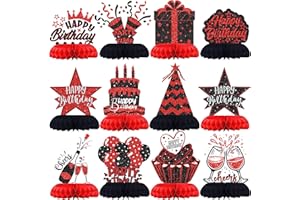 CELEE Black and Red Birthday Decorations – 12PCS Honeycomb Table Centerpieces for Men Women Adults – Happy Birthday Table Decor Party Supplies