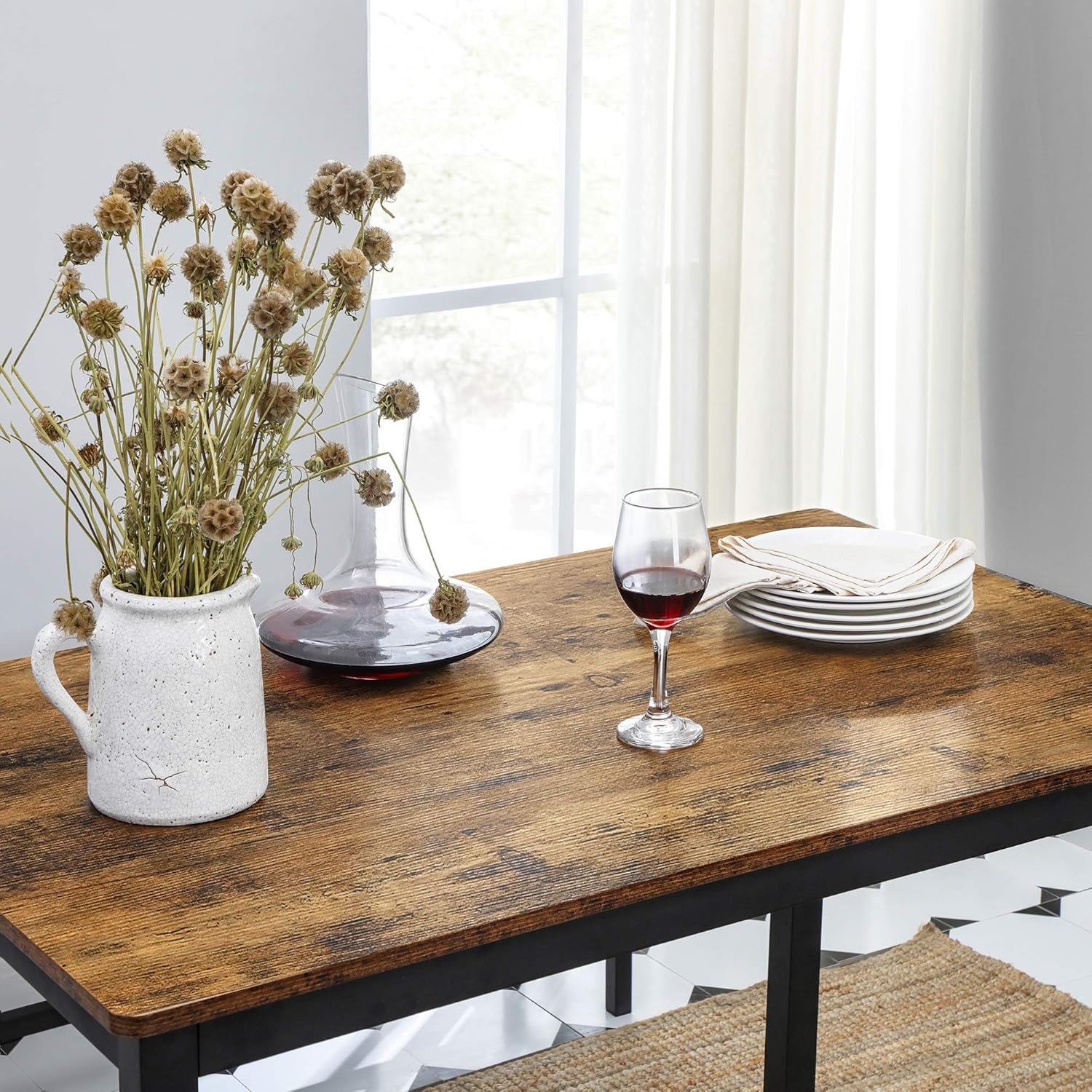 VASAGLE ALINRU Dining Table with 2 Benches, 3 Pieces Set, Kitchen Table of 39.4 x 27.6 x 29.5 Inches, Bench of 38.2 x 11.8 x 19.7 Inches Each, Industrial Design, Rustic Brown and Black UKDT070B01 - Table & Chair Sets