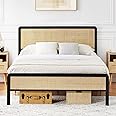 coucheta Queen Rattan Bed Frame, Queen Boho Bed Frame with Curved Natural Rattan Headboard, No Box Spring Needed/Mattress Foundation/Easy Assembly/Metal Slat Support/Bohemian Style