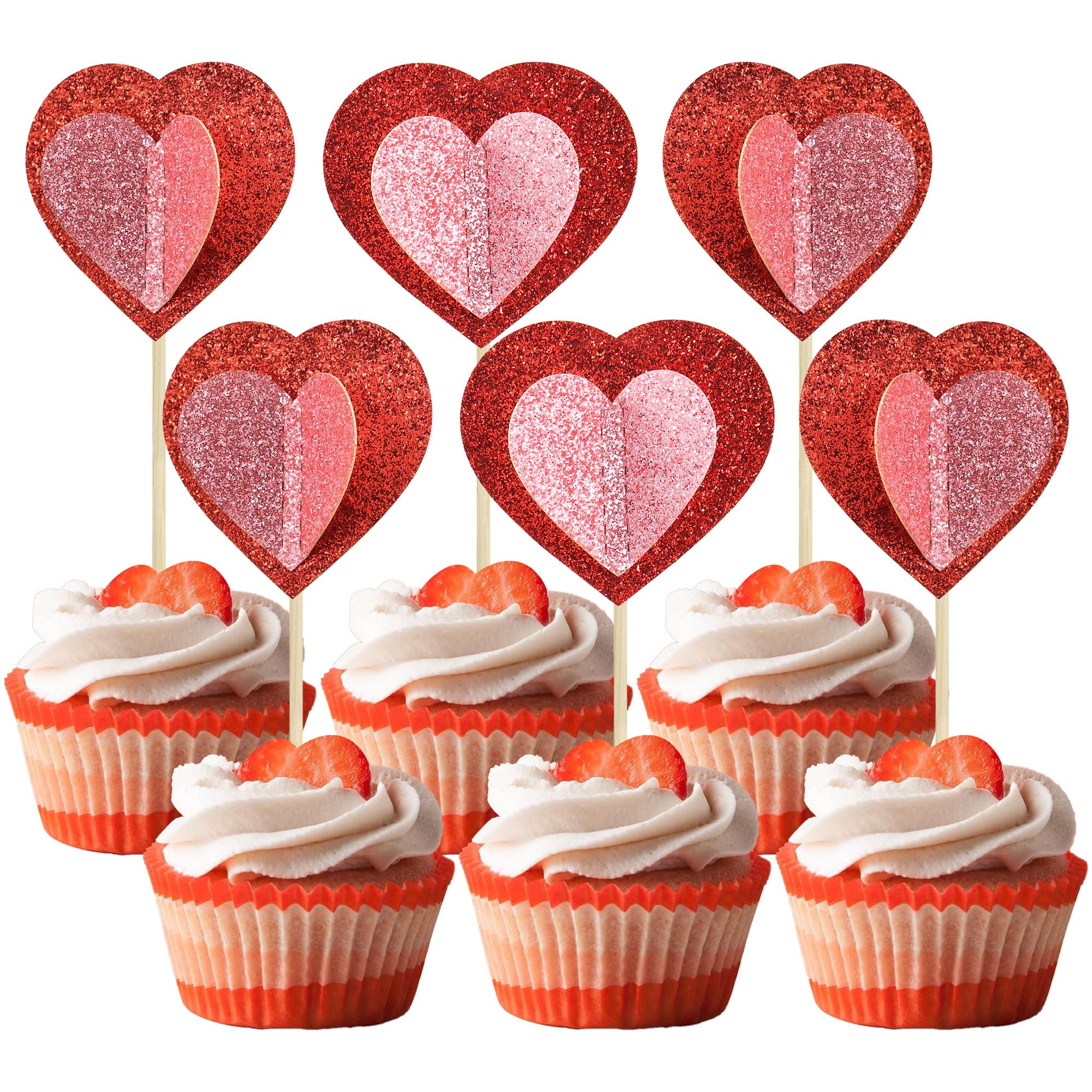 Gyufise 24 Pack Valentine's Day Heart Cupcake Toppers Red Pink Glitter Double Layers 3D Love Cake Picks Decorations for Valentine's Day Theme Wedding Baby Shower Birthday Party Supplies