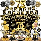Eucutur 42PCS 75th Birthday Decoration Kit for Men Women, Black Gold Happy 75th Bday Banner Balloons Honeycomb Centerpiece Swirl Paper Pompoms Party Supplies, 75 Bday Sash Table Cake Topper Swirls Set