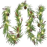 Lulu Home 9FT Pre-lit Christmas Garland, 30 LEDs Xmas Lighted Garland with Pinecones Red Berries, Battery Operated Garland with Timer for Fireplace Balcony Railing Fence Decoration