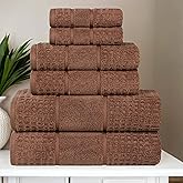 Superior Cotton 6-Piece Towel Set, Zero Twist, Waffle Border, Bathroom Essentials, Shower, Spa, Luxury Plush Soft Absorbent Towels, Includes 2 Bath, 2 Hand, 2 Washcloth/Face Towels, Chocolate
