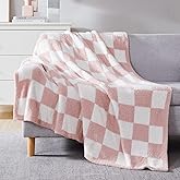WRENSONGE Checkered Throw Blanket, Pink Soft Cozy Fluffy Warm Hand Made Throw Blankets for Couch, Sofa, Chair, Bed, Camping, Picnic, Travel Lightweight Bed Blankets for Women Mothers Birthday Gifts