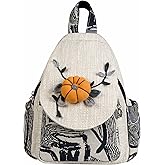 HUANGGUOSHU Boho and Bohemian Small Canvas Backpack Purse for Women - Adjustable Carry Sling Bag, Embroidered and Woven Tapestry Patterns Pumpkin