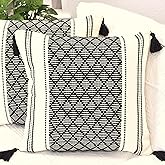 Oveesha Black and White Pillow Covers with Tassels 18x18 inch - Set of 2 Outdoor or Indoor/Mid Century Modern Decorative Retro Plaid Farmhouse Woven Pillow Cases/Boho Accent Patio Cushion Covers