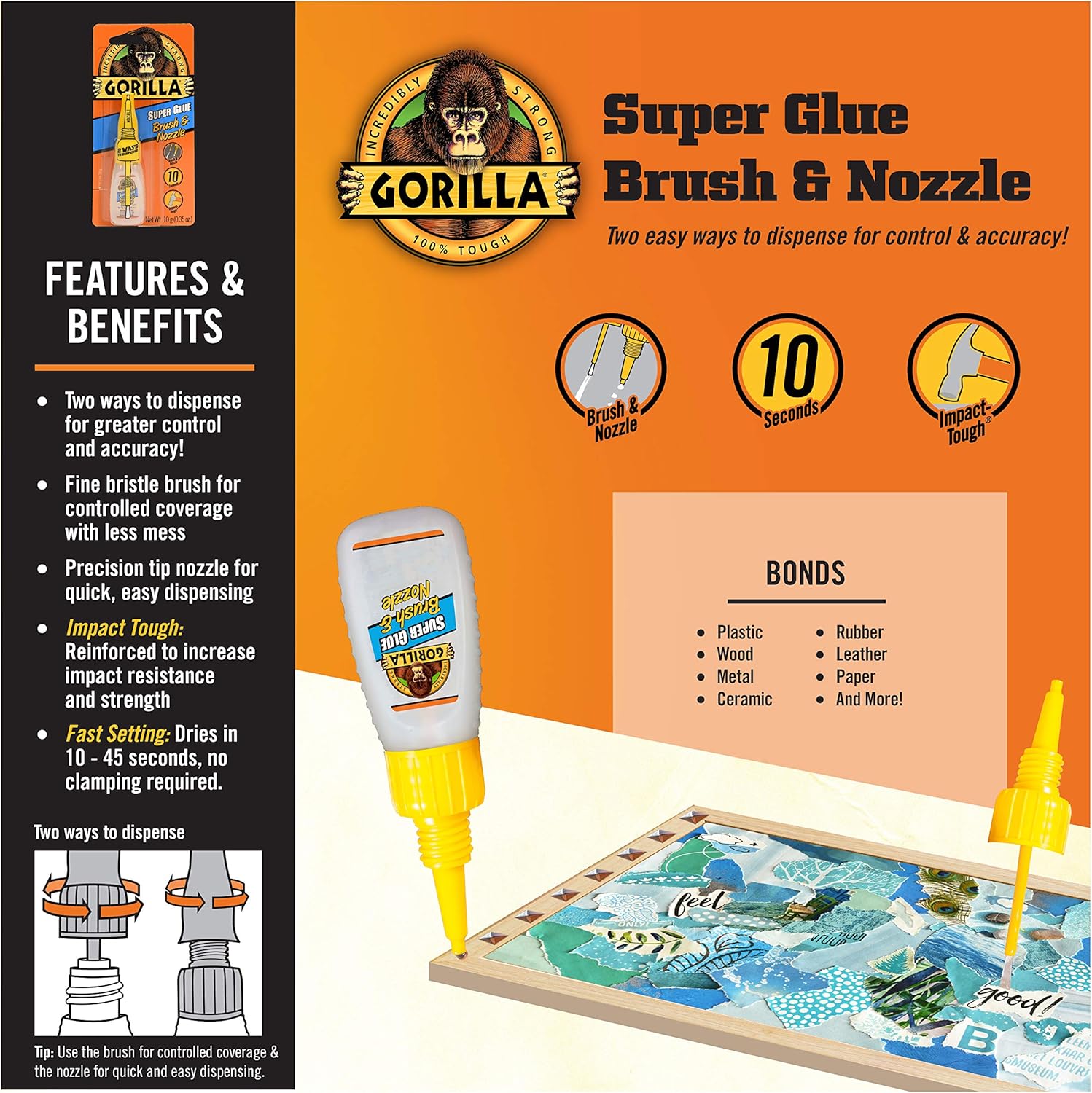 Gorilla Super Glue with Brush & Nozzle Applicator, 12 Gram, Clear, (Pack of 1) - - 