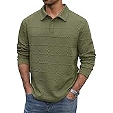 VOGSTART Men's Textured Polo Shirt Cable Knit Long Sleeve Button Down Pullover (S-XXL)