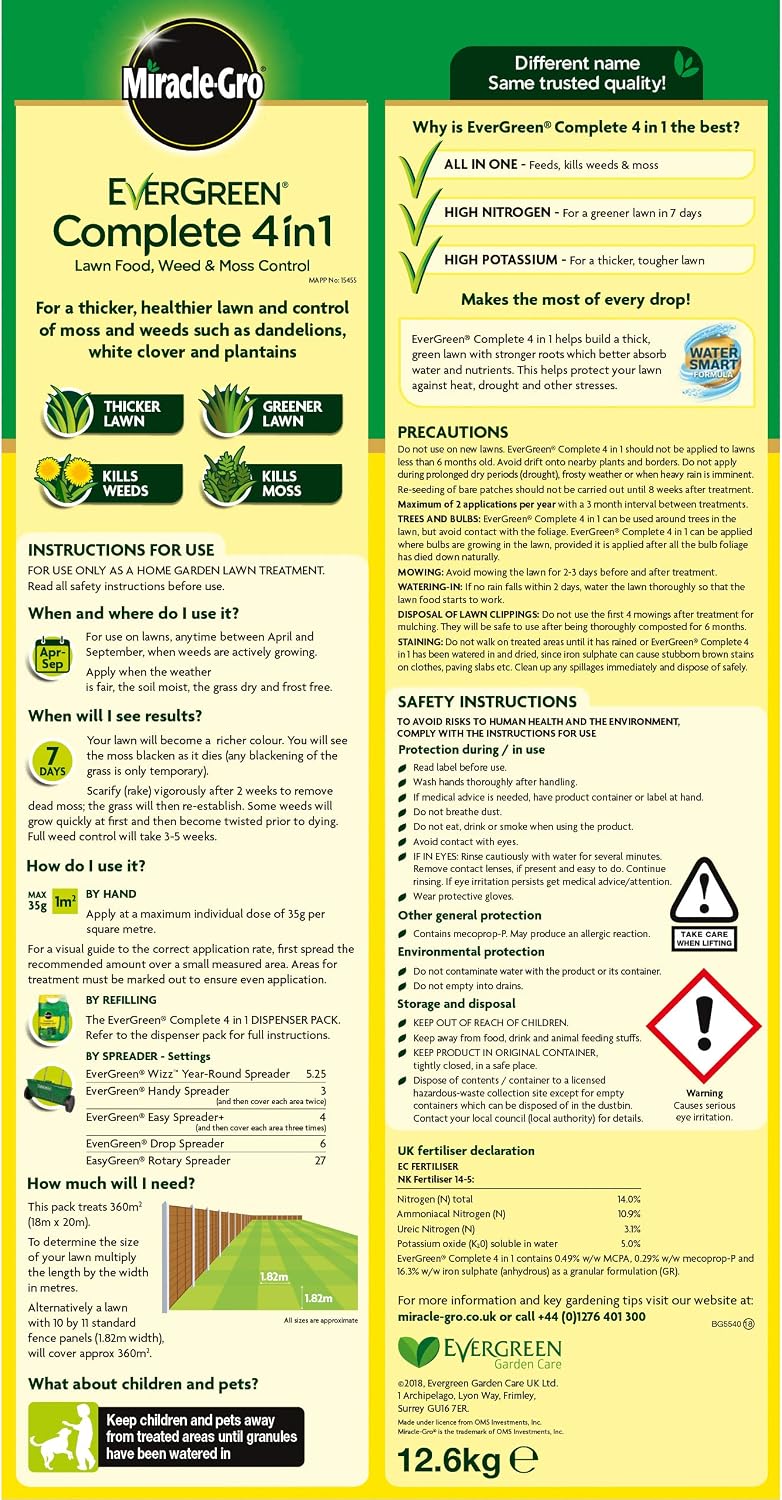 Miracle-Gro Evergreen Complete 4 in 1 Lawn Food - 360 m2, 12.6 kg, Lawn Food, Weed & Moss Control, 360 m² - Image 5