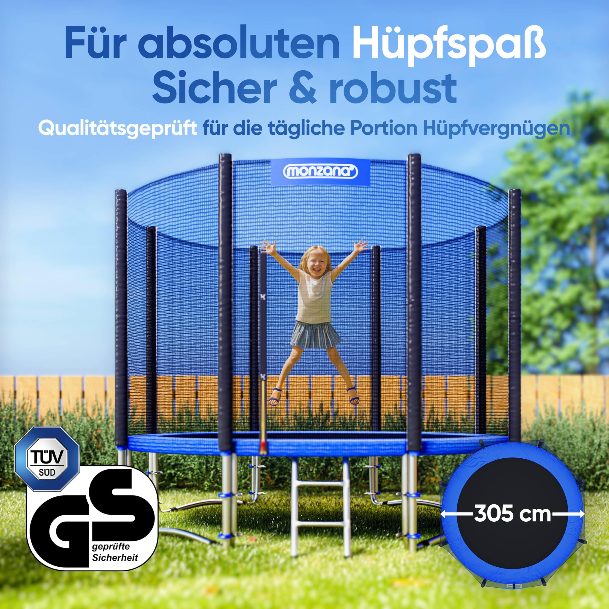 MONZANA® Trampolin Ø 305 cm TÜV SÜD GS Zertifiziert Komplettset mit Sicherheitsnetz, Leiter, Randabdeckung & Zubehör - Kindertrampolin Gartentrampolin 2