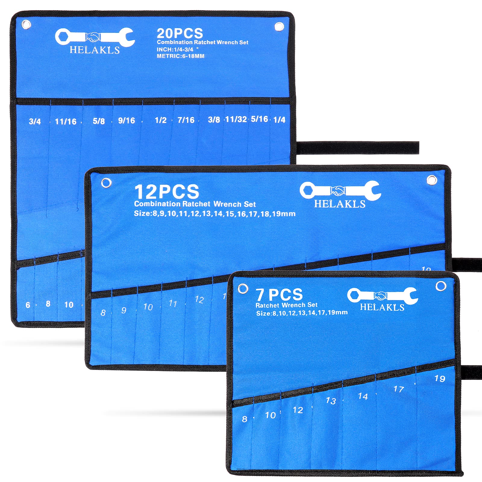 HELAKLS 3 Pieces (7+12+20 Pockets) Wrench Tool Roll Up Pouch Utility Heavy Duty Canvas Tool Organizers Bag Blue