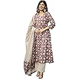 miss fame Women's Cotton Printed Kurta with Pant and Mulmul Dupatta - (Purple)