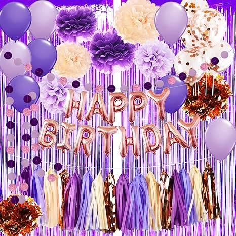 Amazon パープルローズゴールド 誕生日パーティーデコレーション 女性用 パープルシャンパンローズゴールド Happy Birthdayバルーン ローズゴールド紙吹雪バルーン パープルホイルフリンジカーテン 女性用 30歳 40歳 50歳 60歳誕生日パーティーデコレーション 風船