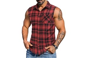 COOFANDY Mens Sleeveless Flannel Shirt Casual Summer Tank Top Button Up Sleeveless Beach Shirts with Chest Pocket