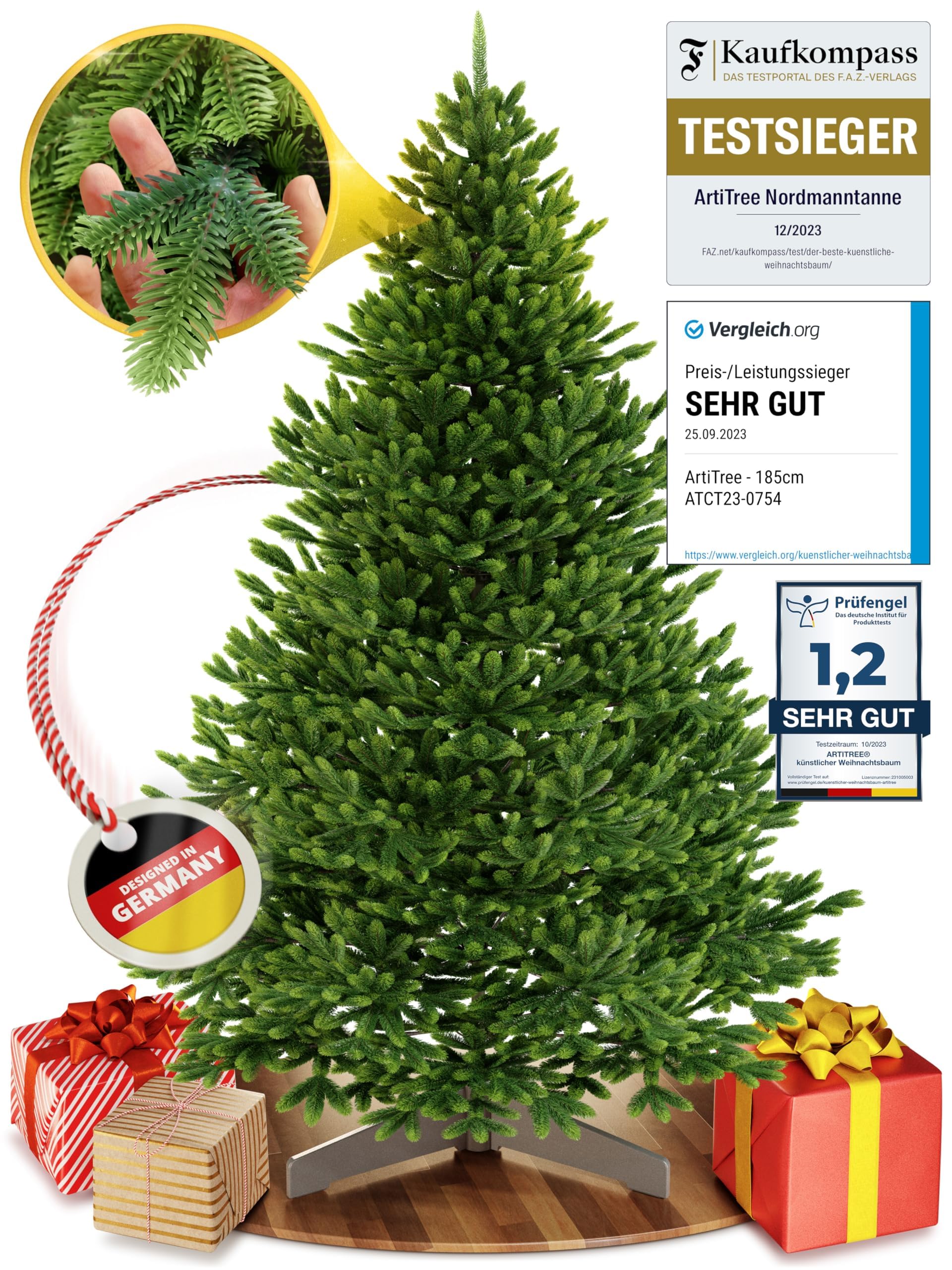 ArtiTree Weihnachtsbaum künstlich [100% Spritzguss] - Naturgetreuer Tannenbaum mit Stabiler Spitze | Nordfichte inkl. FSC zertifiziertem Holzständer & reißfester Tasche (ohne Beleuchtung, 210 cm)