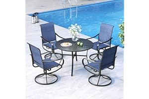 MFSTUDIO Outdoor Patio Dining Set for 4, Round Patio Table and Swivel Chairs Set with Umbrella Hole, Patio Furniture Dining Sets for Deck Garden Lawn Backyard, Navy Blue