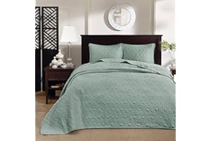 Madison Park Quebec Reversible Quilt Set Damask Design, Double Sided Stitching All Season, Lightweight Bedspread Bedding Set, Matching Sham, Seafoam, Queen(102"x118") 3 Piece