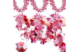 GRASTFU 50 Feet Valentines Day Garland Decor, Red Pink White Heart Tinsel Garland Valentines Day Decorations Metallic Twist Shiny Hanging for Tree Classroom Home Indoor Party Supplies Romantic Decor