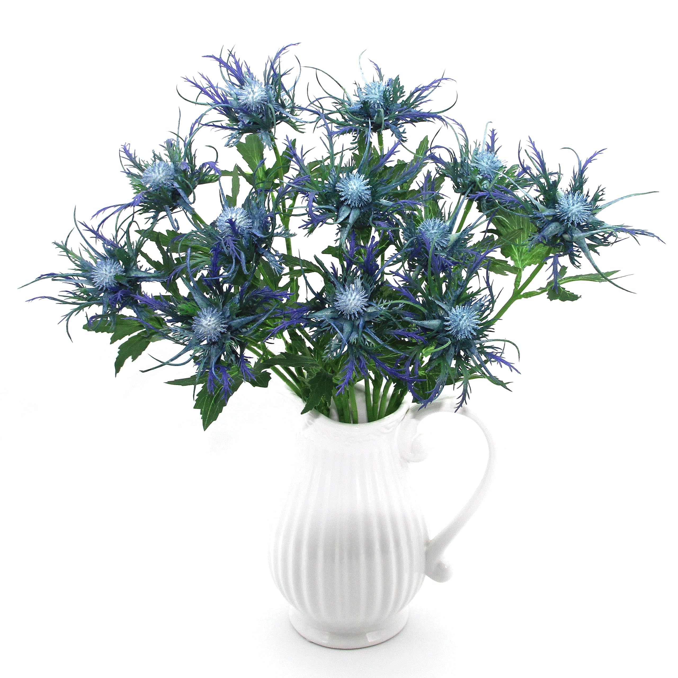 HASWITDA 4 Stems Artificial Eryngium Thistle Flowers Faux Sea Holly Silk Long Stem Fake Flora for Outdoor Indoor Home Decoration Bouquet Wreaths Centrepiece Arrangement Blue WITHOUT VASE