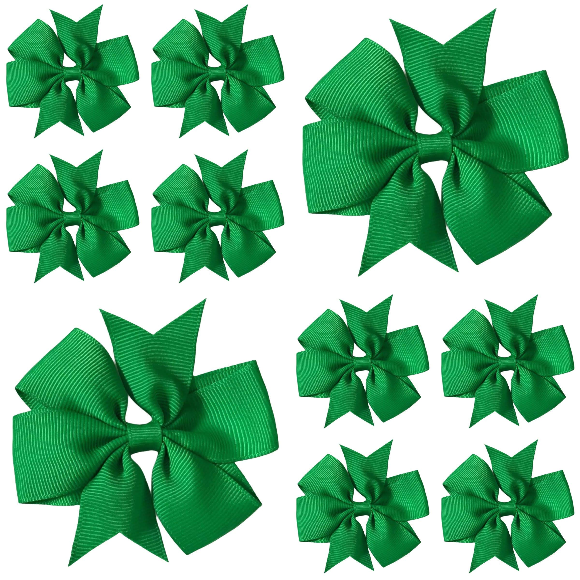 Emerald Green Hair Bows for Girls – 3 Inch Grosgrain Pinwheel Ribbon Bows with Crocodile Clips – School Uniform Hair Accessories for Children, Toddlers & Kids - 10 Pack