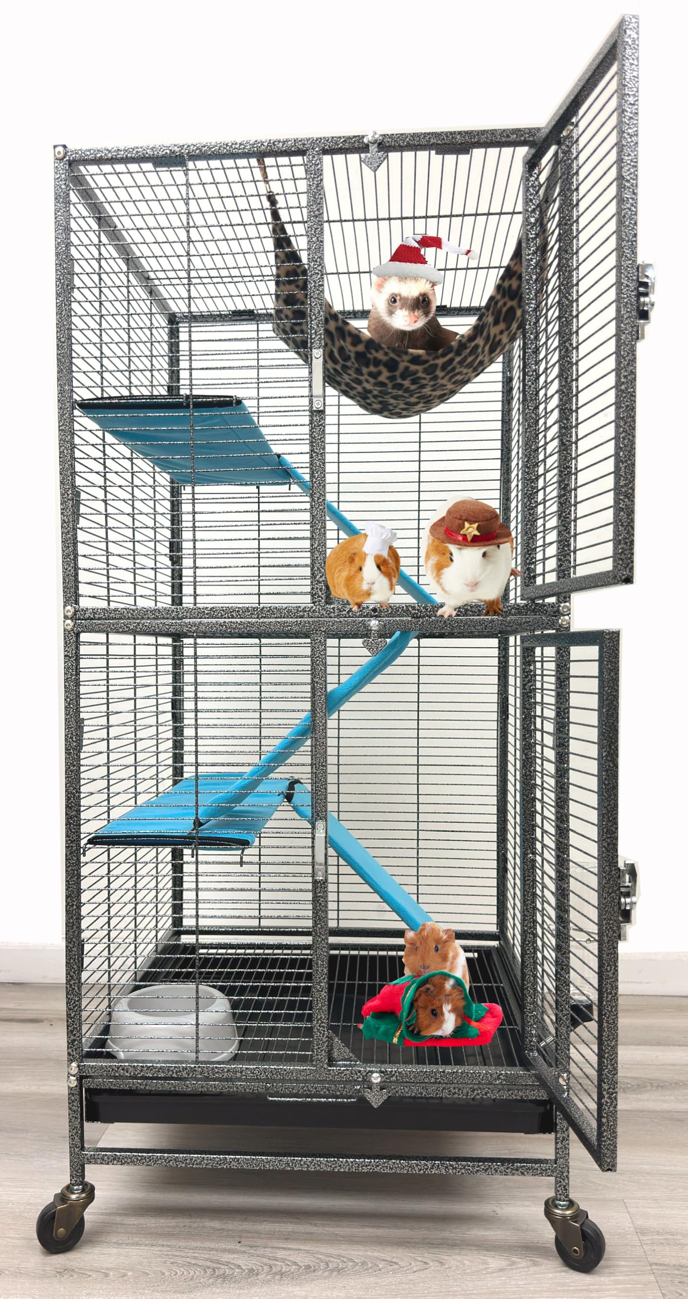Photo 1 of Deluxe Double Unit Two Full Story Durable Front Doors Tight 1/2-inch Wire Spacing Chew-Free Small Animal Critter Home Cage Water Bottle Food Bowl for Feisty Ferret Hammock Rat Mice On Wheels