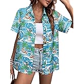 Hawaiian Shirts for Women Fun Dinosaur V Neck Button Up Print T-Shirt Short Sleeve Summer Casual Beach Blouse Top